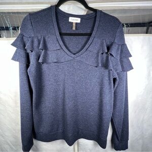 Calvin Klein Women's Heathered V-Neck Ruffle Sleeve Top , Dark Blue , M